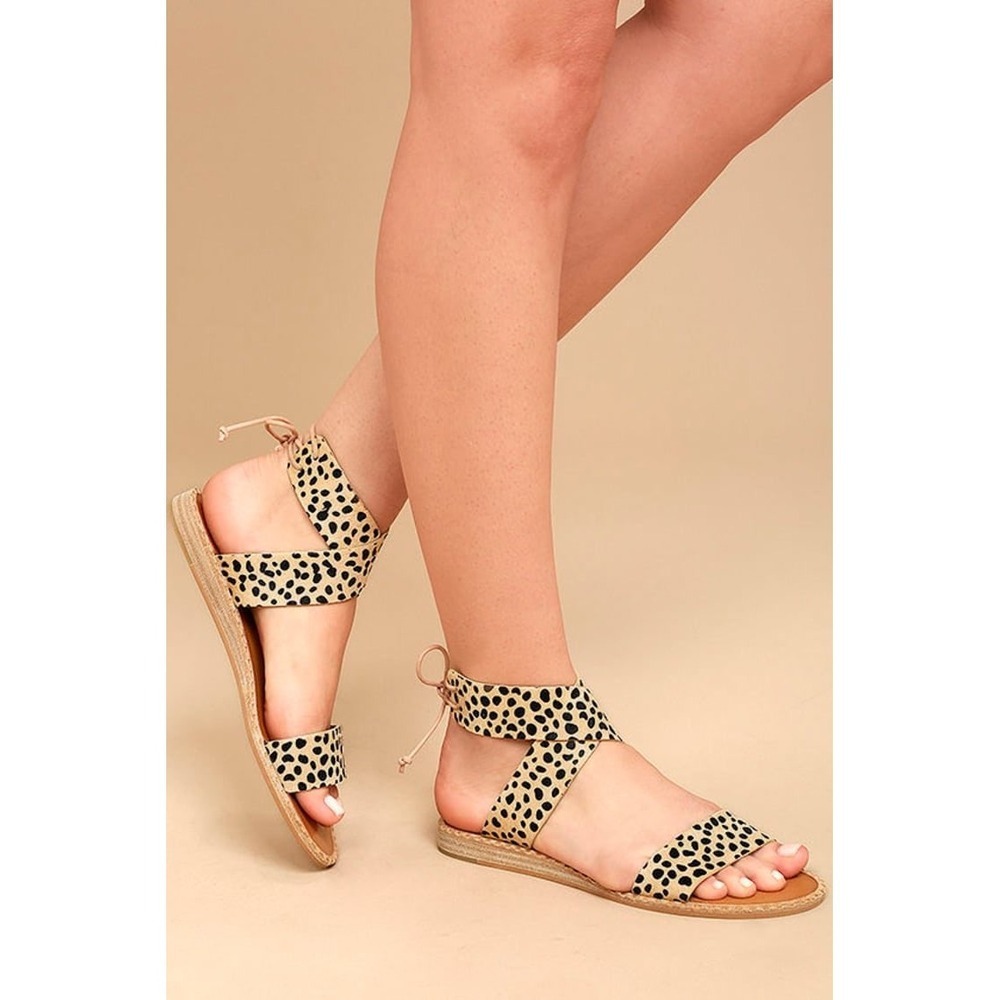 Dolce Vita Cheetah Calf Hair Ankle Wrap Lace Up Flat Sandals Womens 8 Tan Black - Picture 1 of 10